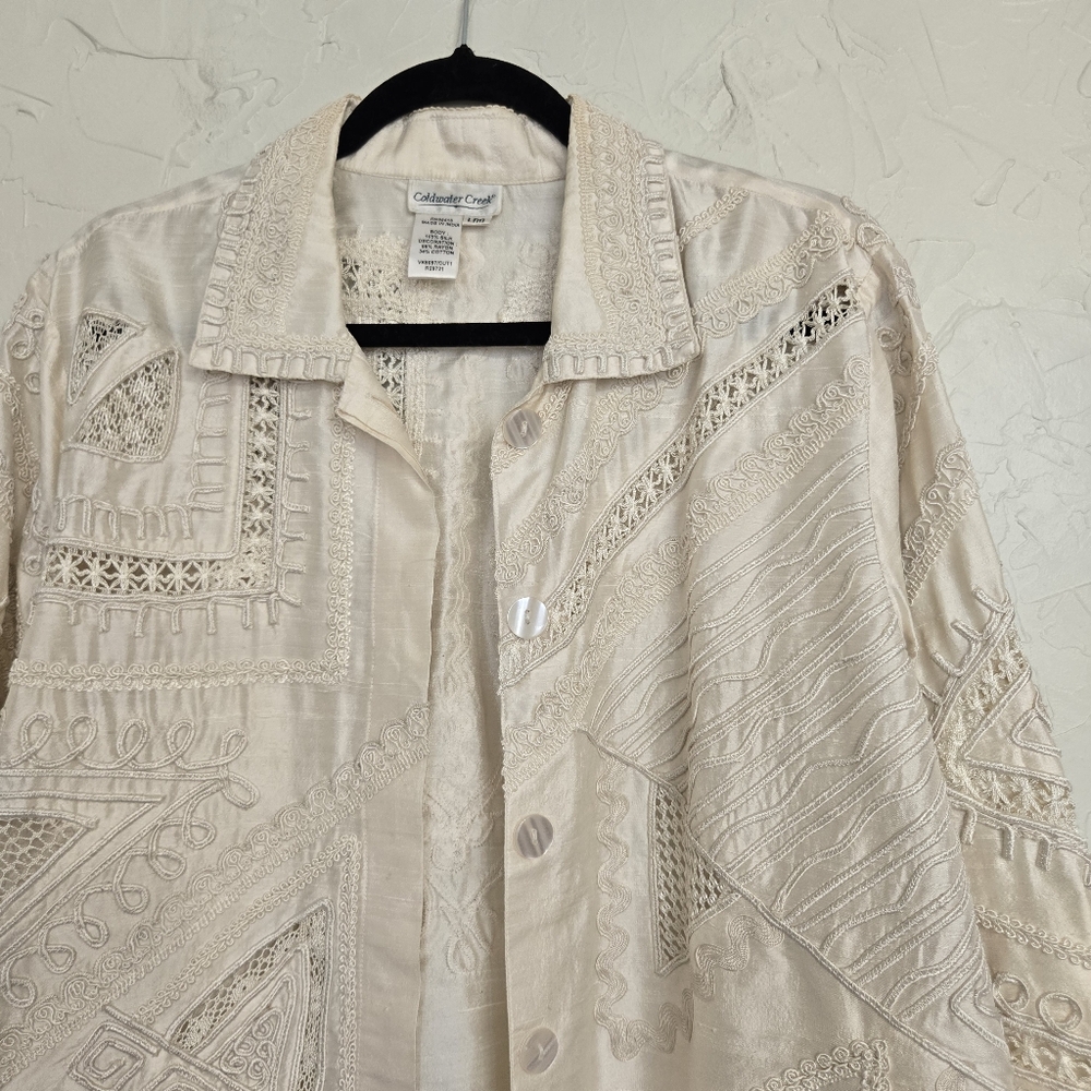 Vintage Silk Embroidered Lattice Cream Jacket, L - Picture 7 of 13